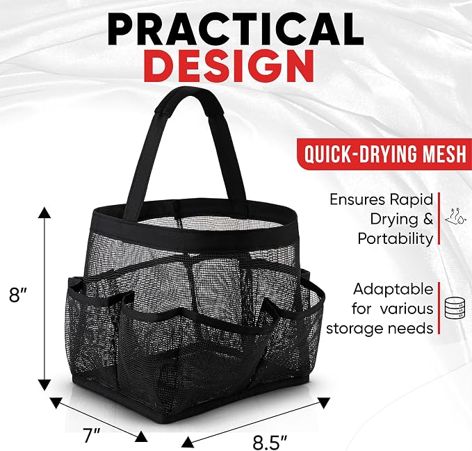 Masirs Shower Caddy Mesh - 9 Pocket Portable Bathroom Organizer Tote for Travel, Gym & Dorm - Collapsible Small Shower Caddy Bag to Hold Toiletries & Essentials (Black)