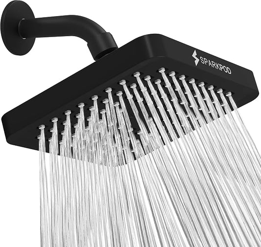SparkPod Rain Shower Head, 6 Inch Square, Midnight Black Matte Finish | High Pressure Shower Heads, 90 Nozzles, Adjustable Showerhead, No Tools Needed, Universal Connection