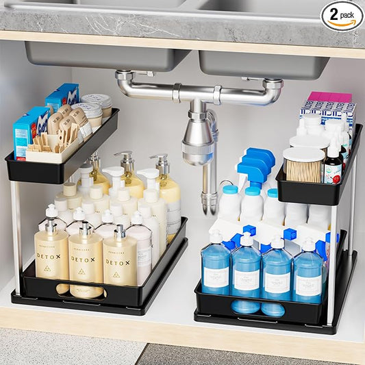 2 Pack 10.8″ High Pull Out Under Sink Organizer,14.5″ Deep 2 Tier Slide Out Cabinet Organizer for Kitchen Cabinet,Undersink Organizers,Under Sink Shelves,Bathroom Organizers and Storage,Black