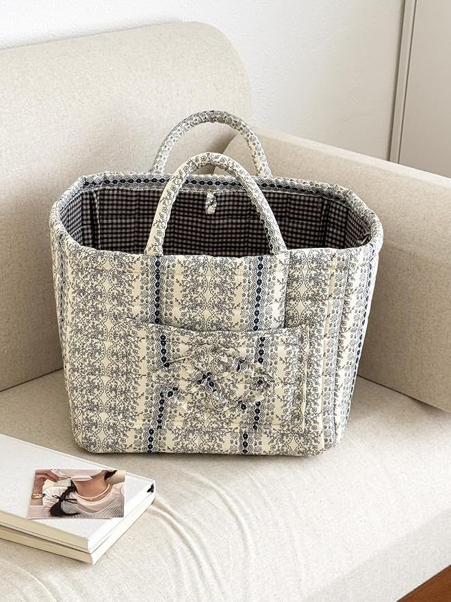 Storage Basket Boho Fabric Large Collapsible Floral Laundry Nursery Hamper Portable Folding Storage for Clothes Toys (Vine-Blue B)