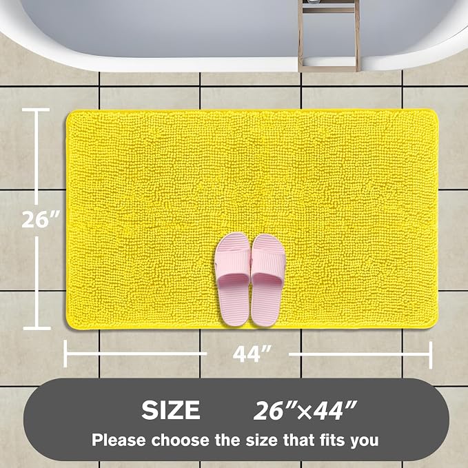 Yellow Bathroom Rug – Absorbent and Washable Bath Mat, Non-Slip, Thick Soft Chenille Bath Rugs for Bathroom Floor, Shower, Sink - 26" x 44"