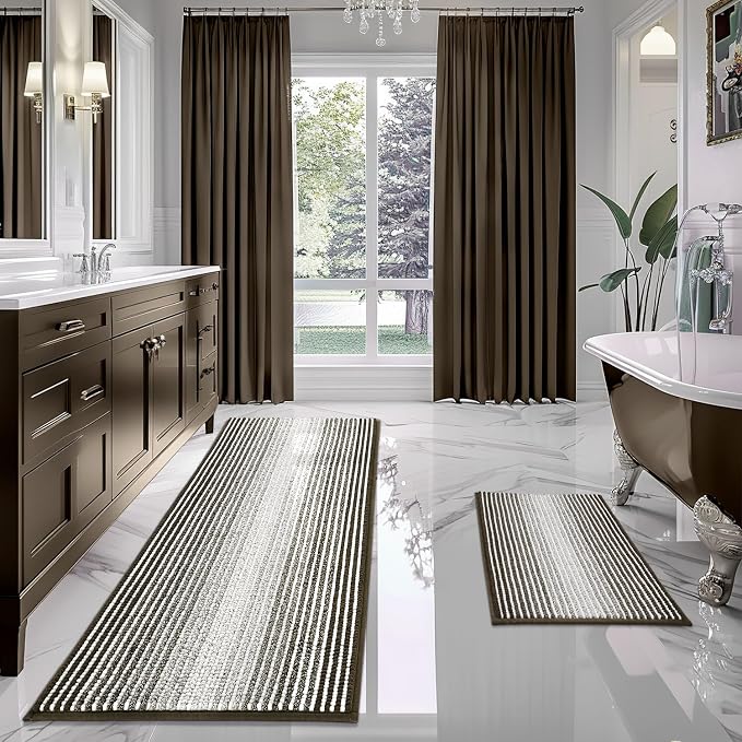 Bathroom Rugs and Mats Sets, 2 Piece Thick Absorbent Chenille Bath Mat Rug Set Non Slip, Soft Shaggy Bath Room Floor Mats for Bathroom, Machine Washable (Latte, 20" x 60" Plus 20" x 32")