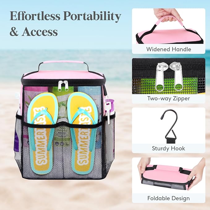 Lifewit Mesh Shower Caddy, Hanging Bathroom Organizer with Slipper pockets | Hanging Hook, Quick Dry, Portable, Toiletry Tote Bag, College Dorm Room Essentials for Beach, Gym, Camping, Travel, Pink