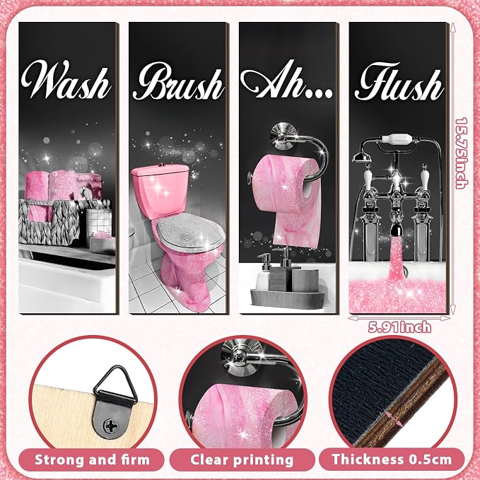 Honoson 4 Pcs Pink and Black Funny Bathroom Wall Art Decor Farmhouse Bathroom Pictures Wall Decor Wash Brush Flush Ah Wood Hanging Sign for Home Spa Laundry, 11.8 x 3.9 Inch