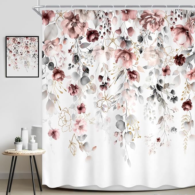 Extra Long Floral Grey Pink Leaves Bathroom Shower Curtain Set | 72"W x 78"L Flower Blossom style, clear shower print, fast-dry fabric and hooks for a simple bath update.
