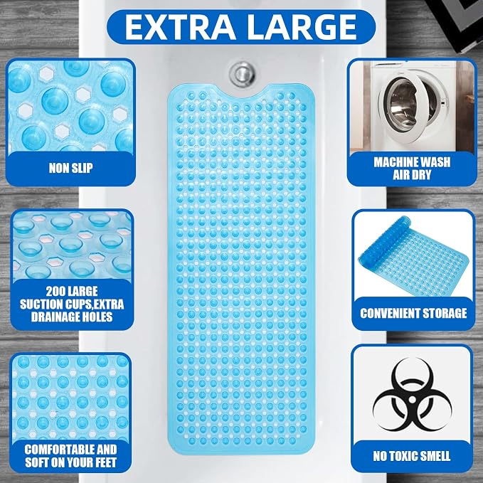MOONFLY Shower and Bathtub Mat, 40x16 Inches, Clear Blue | Extra Long Non Slip Mats with Suction Cups,Drain Holes, Machine Washable ,Anti Slip Bathmats, Bathroom Mats for Tub Nonslip