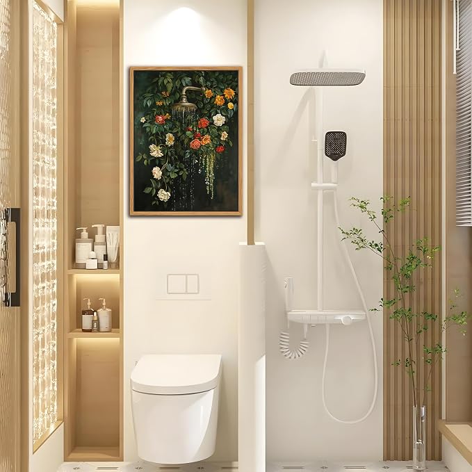 Floating Framed Floral Shower Wall Art, Vintage Botanical Flower Canvas Print, Romantic Garden Roses and Waterfall Painting, Nature Inspired Bathroom Wall Decor for Home Living Room 16x24 inch