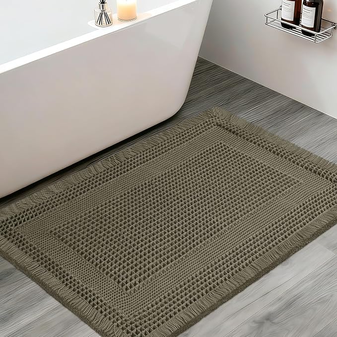 Upgraded Waffle Bath Mat, 36"x24" Greyish Green-Looped, Super Absorbent Non-Slip Quick Dry Bathroom Rugs with Tassels, Machine Washable Ultra Soft Boho Bath Rugs, Toilet Mats Boho Farmhouse Decor