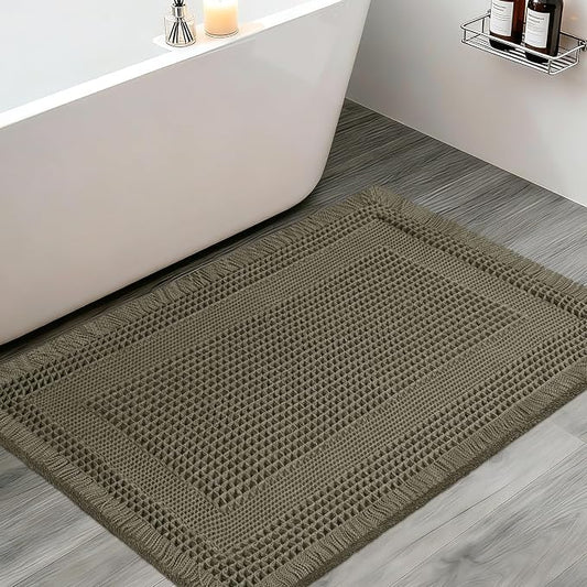 Upgraded Waffle Bath Mat, 36"x24" Greyish Green-Looped, Super Absorbent Non-Slip Quick Dry Bathroom Rugs with Tassels, Machine Washable Ultra Soft Boho Bath Rugs, Toilet Mats Boho Farmhouse Decor