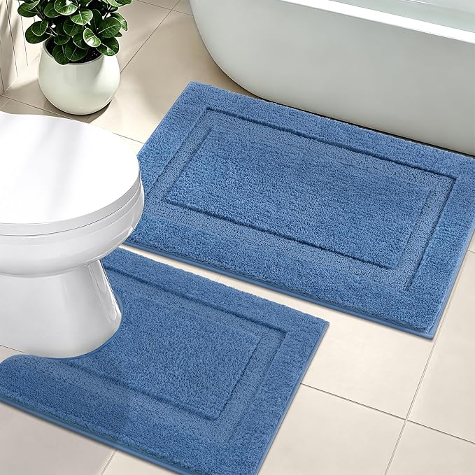 SHACOS Soft Microfiber Bathroom Rugs Set 2 Pieces with Toilet Rug | Absorbent Plush Bath Mat U Shaped Contour Bath Rug, Non Slip Washable Fluffy Bathroom Floor Mats, 32x20+24x20, Blue