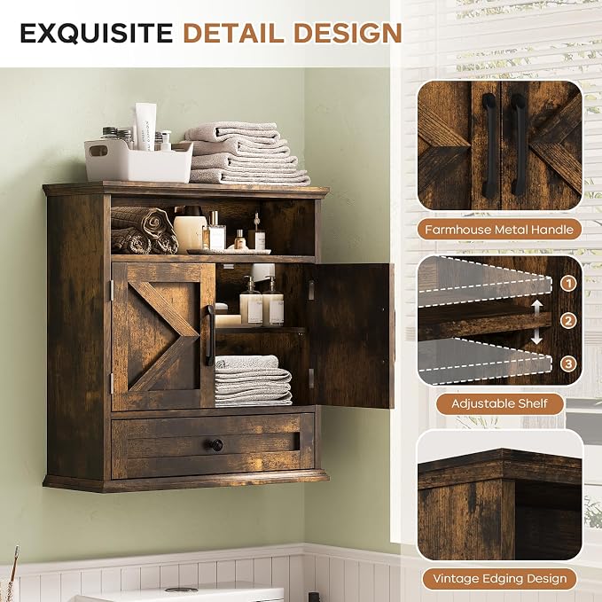 Bathroom Wall Cabinet, Wall Mounted Medicine Cabinet 24.4"H x 23.6"W x 9"D | With Drawer, Barn Doors & Adjustable Shelf, Rustic Brown Over Toilet Farmhouse Cabinet for Kitchen, Laundry Room, Entryway