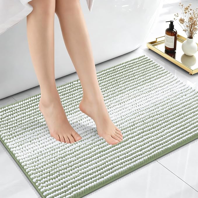 OLANLY Small Bathroom Rugs 24x16, Chenille Striped Bath Rugs, Sage Green | Extra Soft Absorbent, Rubber Backing, Machine Wash Dry, Bath Mats for Bathroom Floor, Tub and Shower, Home Decor Accessories