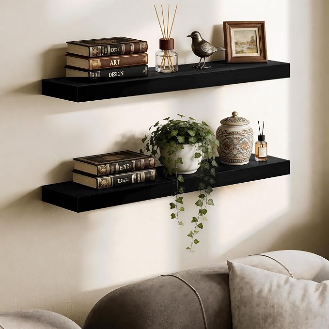BAMEOS Bamboo Floating Shelves Wall Mounted Wooden Shelves with Invisible Brackets Set of 2, Hanging Wall Decor for Bedroom, Bathroom, Living Room and Kitchen