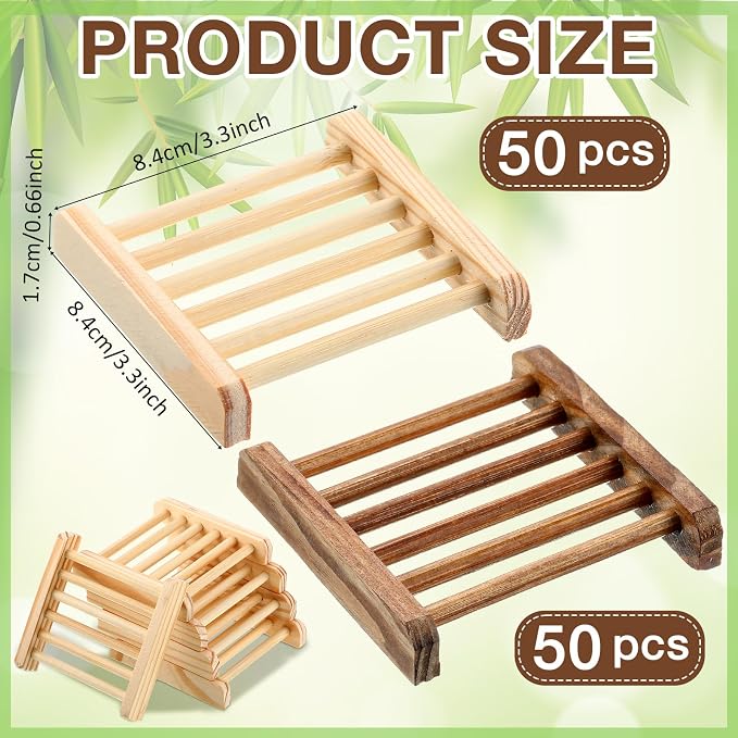 100 Pcs Bamboo Wood Soap Dish Bulk Bathroom Wooden Soap Holder Savers Self Draining Dishes Handcraft Tray, 3.3 x 3.3 x 0.67 Inch (Wood Color,Charcoal Color)