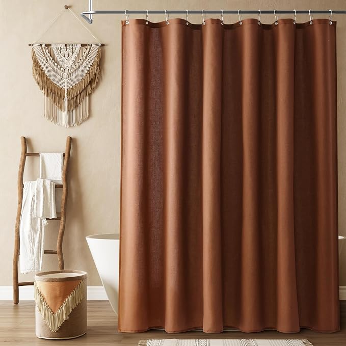 Rustic Brown Linen Shower Curtain, Country Boho Farmhouse Bath Decor Shower Curtains Neutral Cloth Weighted Textured Fabric Bath Curtain Liner with Hooks, 72x80