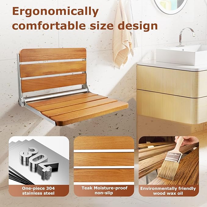 Foldable Shower Seat Wall Mounted 16 in Wide, Teak Bench for Small Shower | Foldable Design, Shower Use