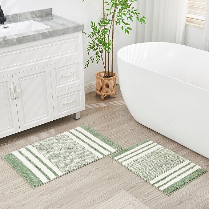 CozeCube Sage Green Striped 24"x16" Non Slip Washable Bath Mat | For Bathroom, Fluffy Absorbent Microfiber Bath Mats Machine Wash, Stylish Small Aesthetic Bathroom Rugs
