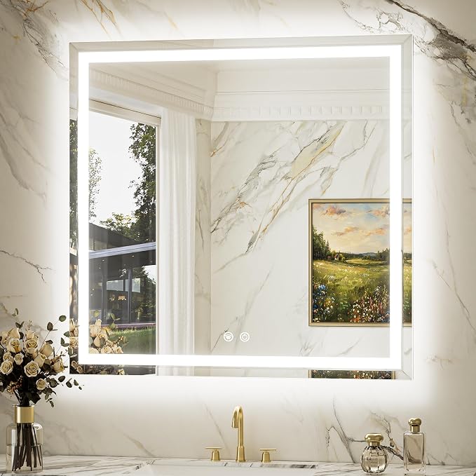 Keonjinn Beveled Lighted Mirror for Bathroom Wall 36" x 36", Tempered Glass | Frontlit & Backlit, LED Bathroom Mirror with Light, 3000K/4500K/6000K, Fast Anti-Fog, Stepless Dimmable, Memory Function