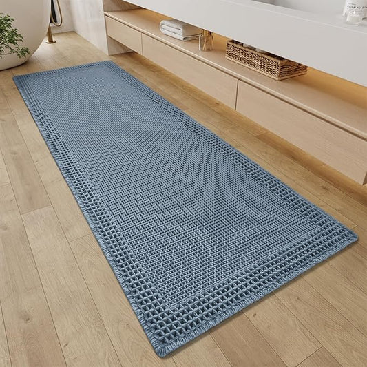 RESARE Waffle Bathroom Runner Rugs, Non Slip Boho Bath Mat 24"x72" Blue | Long Absorbent Bathroom Floor Mats Machine Washable Quick Dry, Soft Solid 2'x6' Bath Rugs with Tassels, Ideal Farmhouse Decor