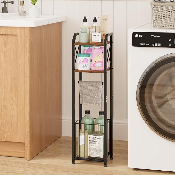 HapiRm Freestanding Toilet Paper Holder - 4-Tier Bathroom Tissue Organizer with Wood Shelves and Large Basket, Toilet Paper Holder Stand for Bathroom, Laundry Room, Apartment - Black（Small）