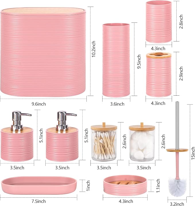 10 PCS Pink Bathroom Accessories Set with Trash Can Bathroom Accessory | All-in-One Kit with Trash Can,Toothbrush Holder,Soap Dispenser,Toothbrush Cup,Vanity Tray,Soap Dish,Toilet Brush etc for Home