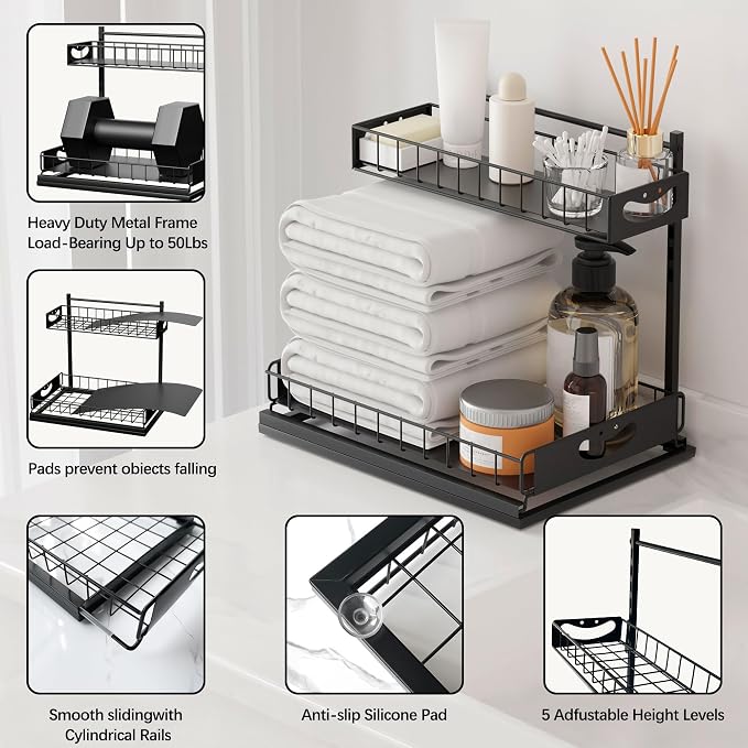 Under Sink Organizer with Pull-Out Drawers,Kitchen Sink Organizer,2 Tier Bathroom Organizers And Storage,Bathroom Accessories Set,Black 2 Pack