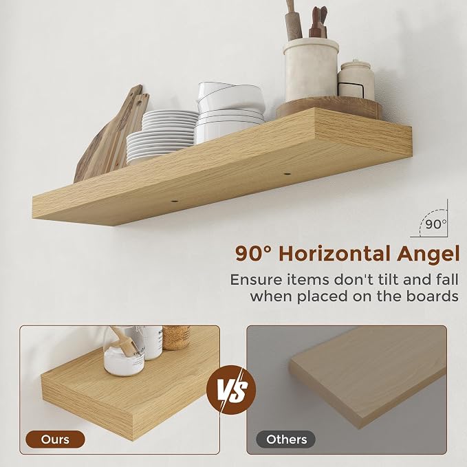 Heimlove 40 Inch Floating Shelves for Wall 8 Inch Deep Oak Shelves Set of 2,Wall Mounted Rustic Wood Long Floating Shelf with Invisible Brackets for Bedroom Kitchen Living Room