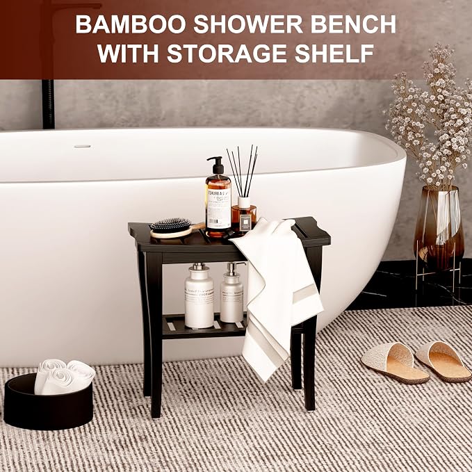 Bamboo Shower Bench Stool with Storage Shelf, Waterproof Shower Chair Spa Bath Seat, Shower Stool for Inside, Bathroom Bench Seat for Adults Elderly Seniors for Indoor or Outdoor Use(Black)