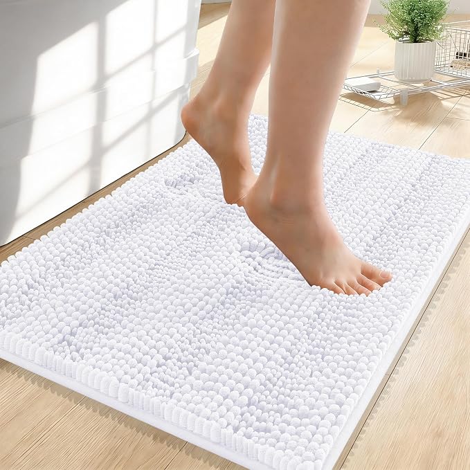 OLANLY Thick Small Bathroom Rugs 24x16, Soft Chenille Bath Rugs, White | Rubber Backing, Machine Wash, Extra Absorbent Striped Bath Mats for Bathroom Floor, Tub and Shower, Home Decor Accessories