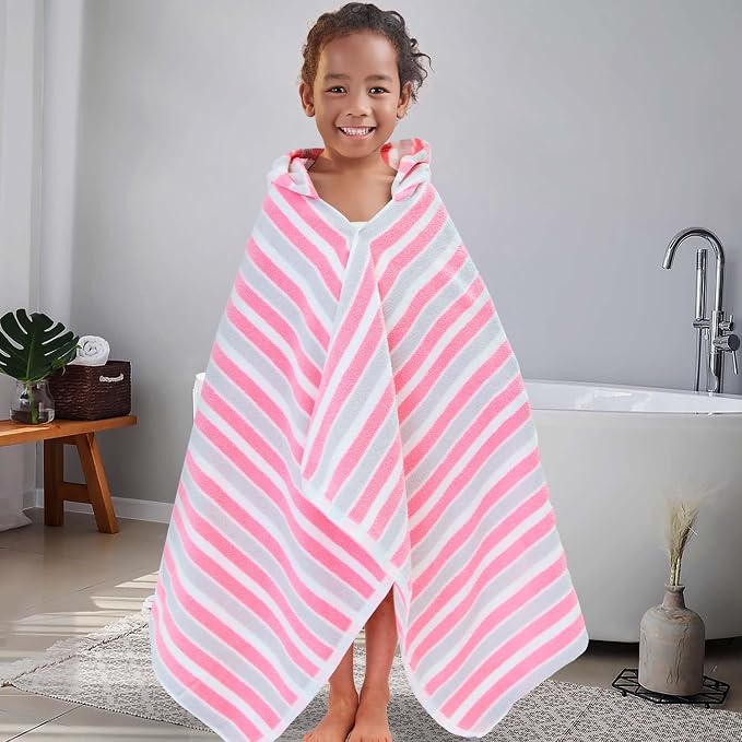 VOOVA & MOVAS Kid Hooded Towel,3-10 Years,100% Cotton,Pink Gray Stripe | Light Portable Build, Fast Drying, Perfect for Girls’ Bath, Swim, Pool and Beach Use