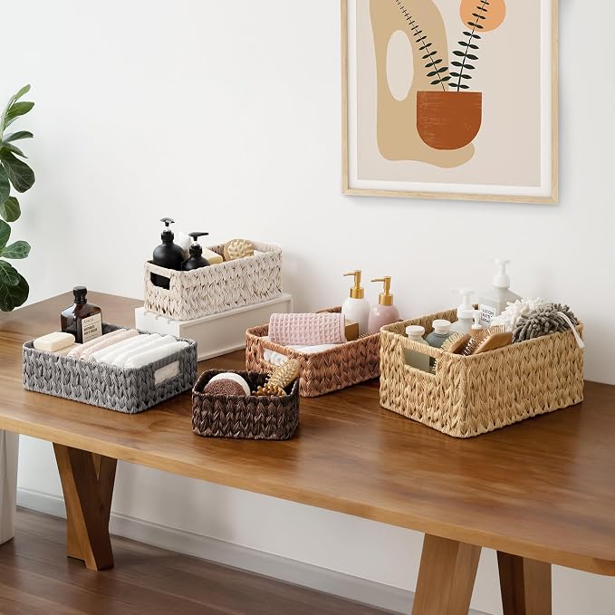GRANNY SAYS Storage Baskets for Shelves, Waterproof Basket for Organizing | Small Woven Storage Baskets for Shelf, Rattan Basket for Organizing, Wicker Basket Set, 3-Pack Small Waterproof Baskets