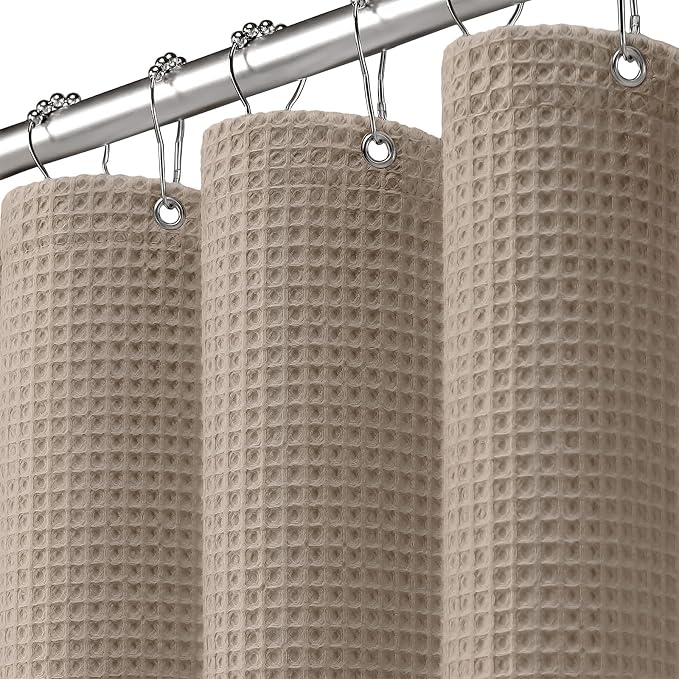 Waffle Weave Shower Curtain Heavyweight Cotton Fabric Beige 72Wx75L | Soft Cotton Cloth,3D Square Truely Waffle Washable, Hotel Luxury Spa, Shower Curtain Set for Bathroom 12 Plastic Hooks