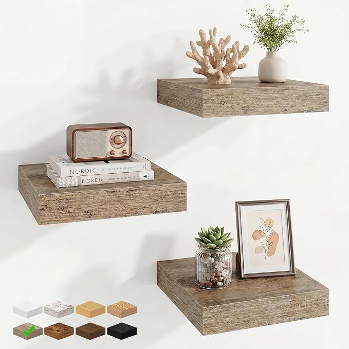 Marsmiles 9.25in Depth Floating Shelves, 10x10x1.4, Grey, Set of 3 | Small Wall Mounted Square Shelves, Engineered Wood, Invisible Brackets, Living Room, Bedroom, Bathroom, Kitchen Decor