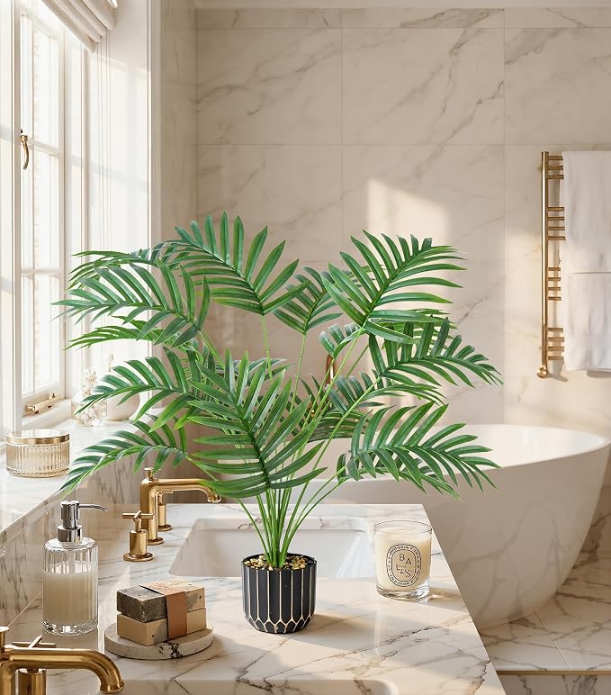florisso 28" Fake Plants Artificial Areca Palm Plant Tall Faux Plants | Indoor Outdoor Tree, Fade-Resistant, Zero Maintenance, Premium Durable for Living Room Home Decor