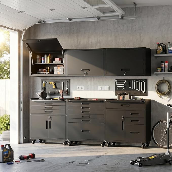 Garage Storage Cabinet System,Wall Cabinet & Locking Rolling Tool Cabinet with Doors and Adjustable Shelves