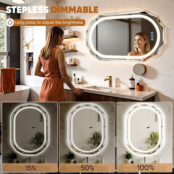 30"x36" Oval LED Bathroom Vanity Mirror, Backlit Anti-Fog Frameless | Beveled Edge, Dimmable 3 Colors, Memory Function, HD Shatterproof Tempered Glass, Lighted Mirror for Wall