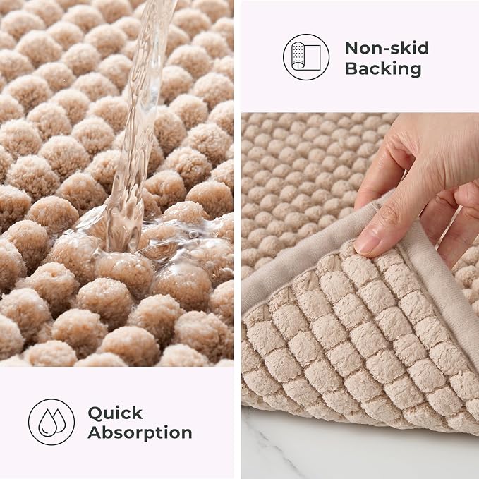 FRESHMINT Thick Chunky Chenille Bathroom Rug, Beige, 20"x32" | Non-Slip Backing, Water Absorbent Surface, Machine Washable Care, Cushioned Comfort, Bathroom Floor Use
