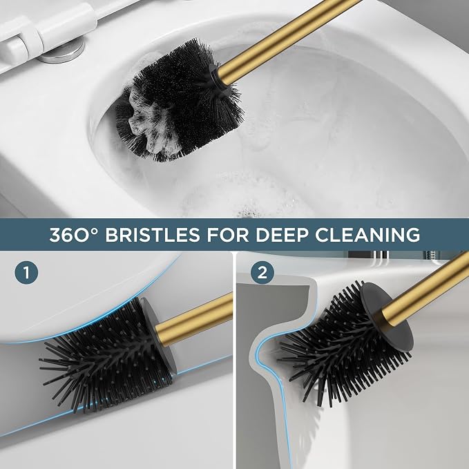 FORIOUS Toilet Brush, 2 Toilet Bowl Brush Head Square Tall Gold | Heavy Duty 304 Stainless Steel Base, Silicone and Plastic Brush Heads, Long Handle for Deep Cleaning, Drip-Proof