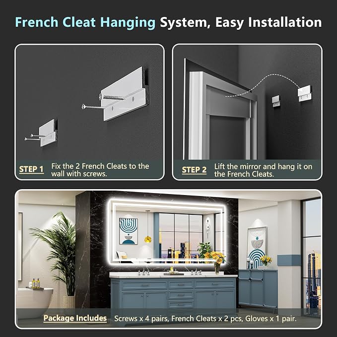 88x38 LED Bathroom Mirror, Backlit & Front Lit Lighted Mirror | Anti-Fog Vanity Mirror with Lights, 3 Color Dimmable, Memory, Shatterproof, Tempered Glass, CRI95, UL Listed, Wall Mounted