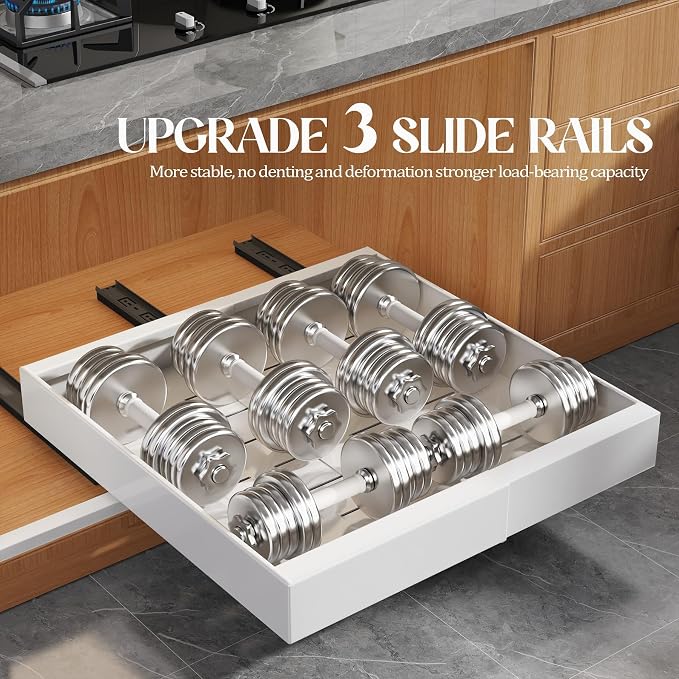 Seinloes 4 Pack Expandable Pull Out Cabinet Organizer 21"Deep With Raising Pad for Framed Cabinets,Upgrade 3 Slide Rails Slide Out Drawers,No Drill Roll Out Shelves,Adjustable Width 12.1"-20.4" White