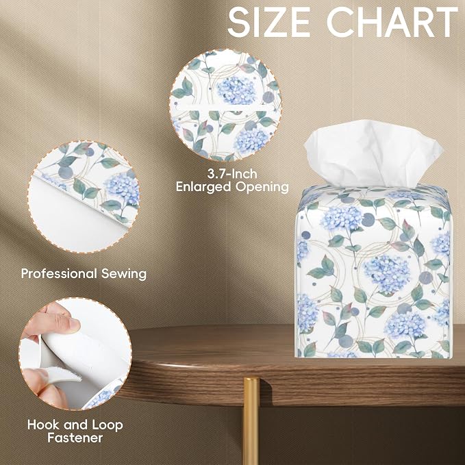Contemporary Floral Tissue Box Cover Holder Cube Facial Paper Organizer Dispenser, Abstract Hydrangea Flower, Square, PVC Leather, 5.2"L x 5.2"W x 5.2"H