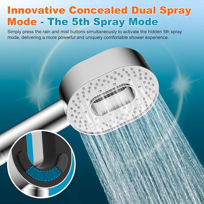 Hibbent Filtered Handheld Showerhead with 3 Filters, 5 Sprays Shower Head | Chrome High Pressure Shower Heads, Brass Holder & 71" Metal Hose, Water Soft Filter Remove Chlorine, Reduce Dry Itchy Skin