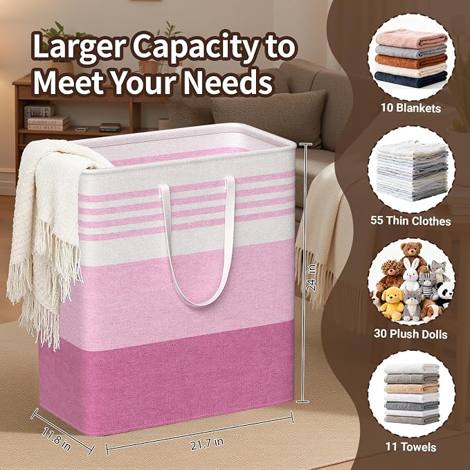 WOWBOX 2 Pack Laundry Baskets, Collapsible Dirty Clothes Laundry Hampers | with Reinforced Handles, Waterproof Coating, 2 Pack for Clean & Dirty Clothes, for Bedroom, Bathroom, Dorm (100L Pink)