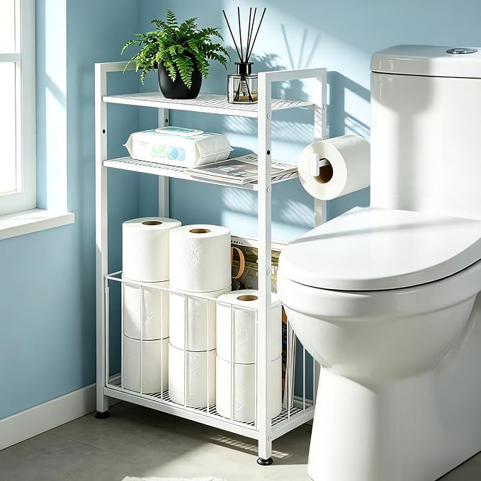 Freestanding Toilet Paper Holder with Storage for Small Bathrooms, White | Space-Saving Bathroom Organizer for Small Spaces, Toilet Roll Holder Stand Keeps Rolls Clean & Dry