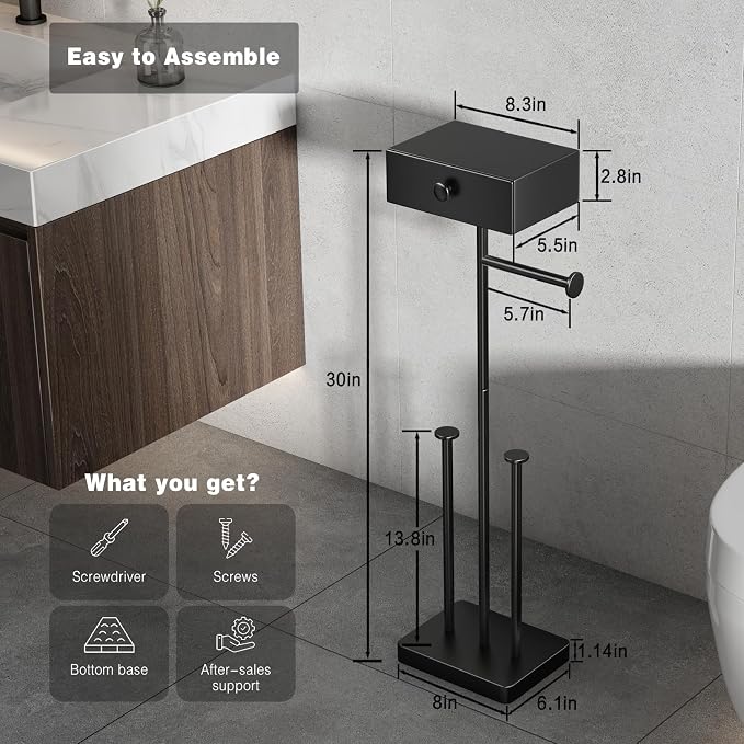VOLDRA Toilet Paper Holder Stand with Shelf, Free Standing Black Toilet Paper Roll Holder with Wipes Storage Drawer Heavy Duty Floor Bathroom Tissue Holder Freestanding No Drill Tp Holder for 7 Rolls