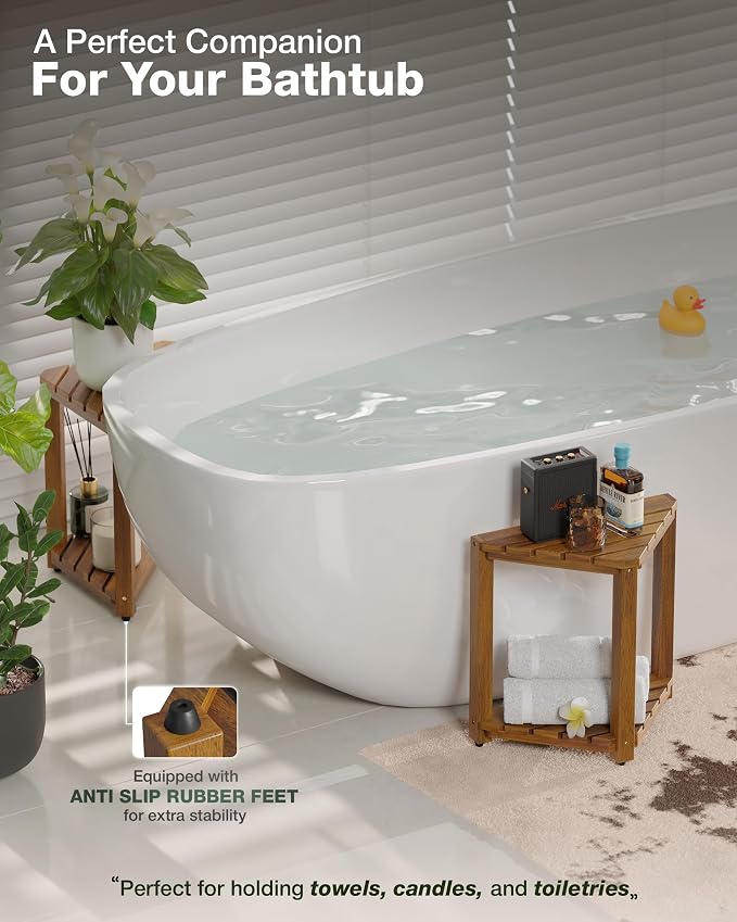 Bluewest 16.5 Inch Corner Shower Stool for Shaving Legs with Storage Shelf | Acacia Wood Waterproof Shower Foot Rest and Wooden Corner Bench for Shaving Legs and Seating Inside Small Shower Spaces.