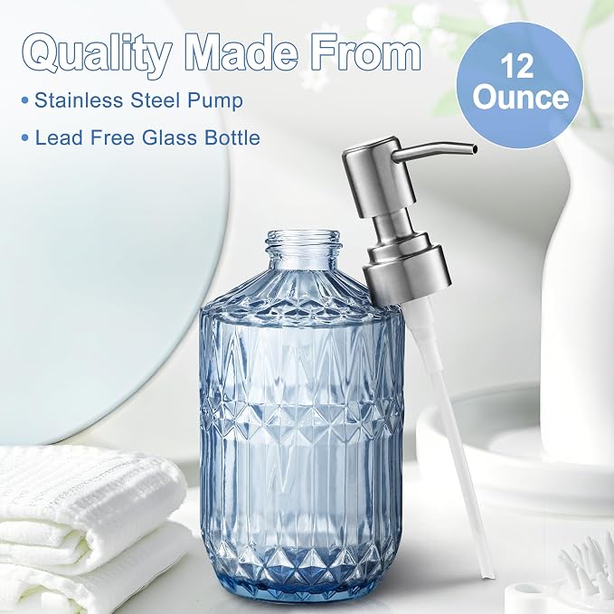 Kaishun 13OZ Refillable Glass Soap Dispenser for Hand Soap & Lotion, Blue