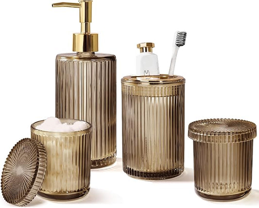 KASUNTING Brown Glass Bathroom Accessories 4 Pcs, Brown Bathroom Set, Soap Dispenser and Toothbrush Holder Set, Qtip Holder Set, Vintage Bathroom Sink Set, Modern Bathroom Decor
