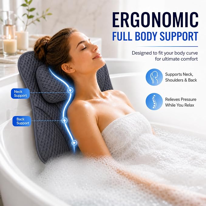 Bath Tub Pillow, Extra Thick Luxury Cushion with Strong Suction Cups for Head, Neck & Back Support, Breathable Spa Pillow for Relaxing Night Bath (Black)