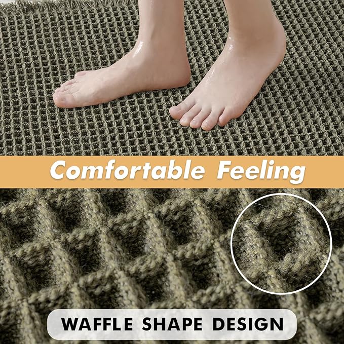 MIULEE Set of 2 Waffle Bathroom Runner Rugs Green 2'x5'(24"x60") | Non Slip, Super Absorbent, Washable, Ultra Soft, Boho Bath Mats for Bathroom Hallway Bedroom Laundry Room Kitchen